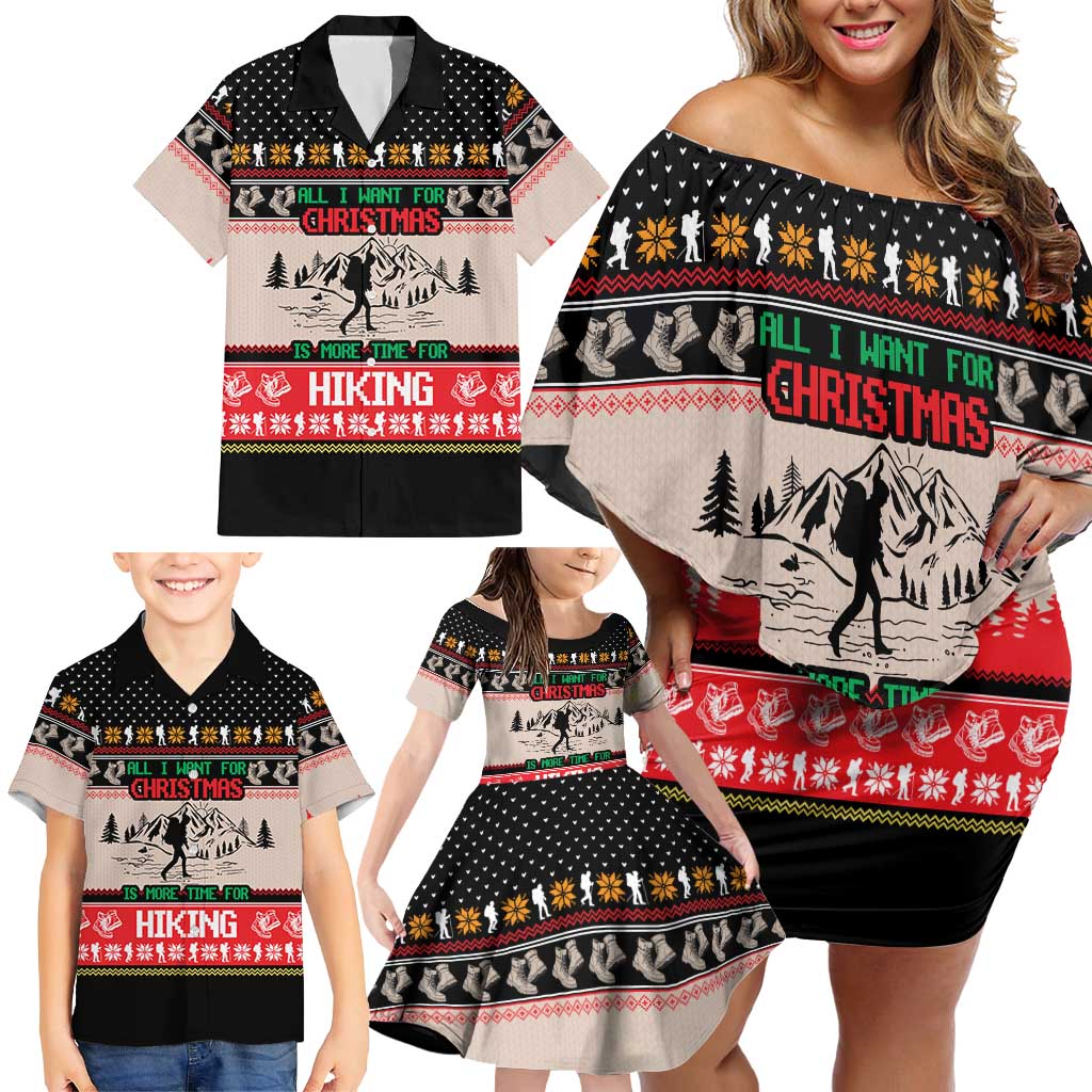 Hiking Christmas Family Matching Off Shoulder Short Dress and Hawaiian Shirt with Mountains Trees and Winter Holiday Pattern - Wonder Print Shop