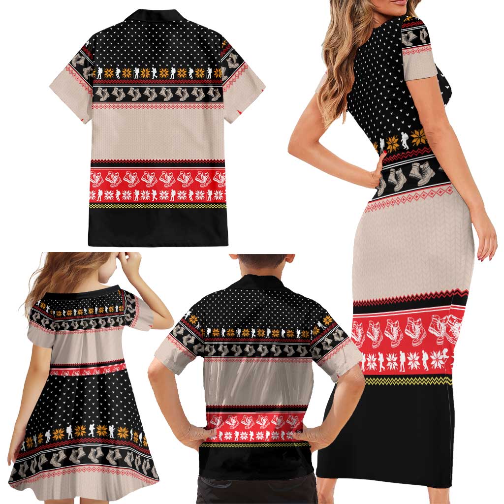 Hiking Christmas Family Matching Short Sleeve Bodycon Dress and Hawaiian Shirt with Mountains Trees and Winter Holiday Pattern - Wonder Print Shop
