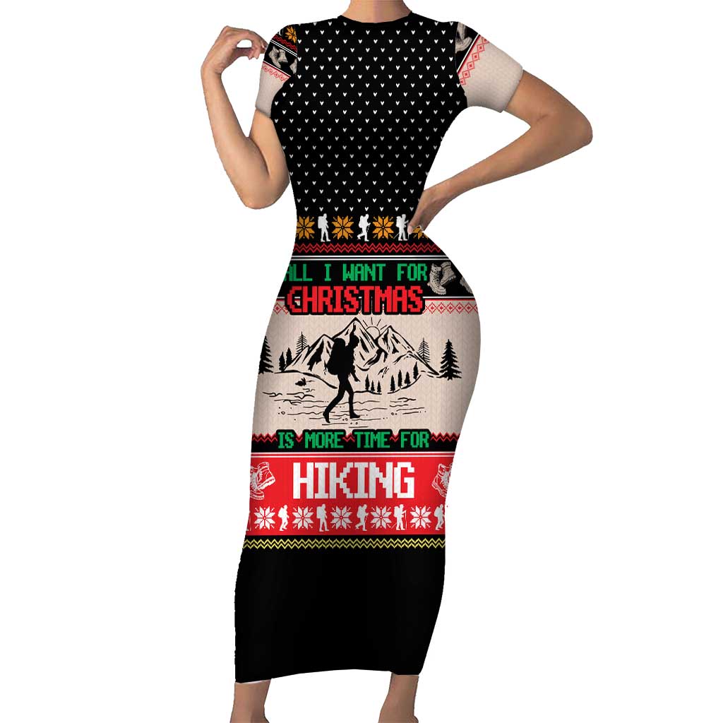 Hiking Christmas Family Matching Short Sleeve Bodycon Dress and Hawaiian Shirt with Mountains Trees and Winter Holiday Pattern - Wonder Print Shop