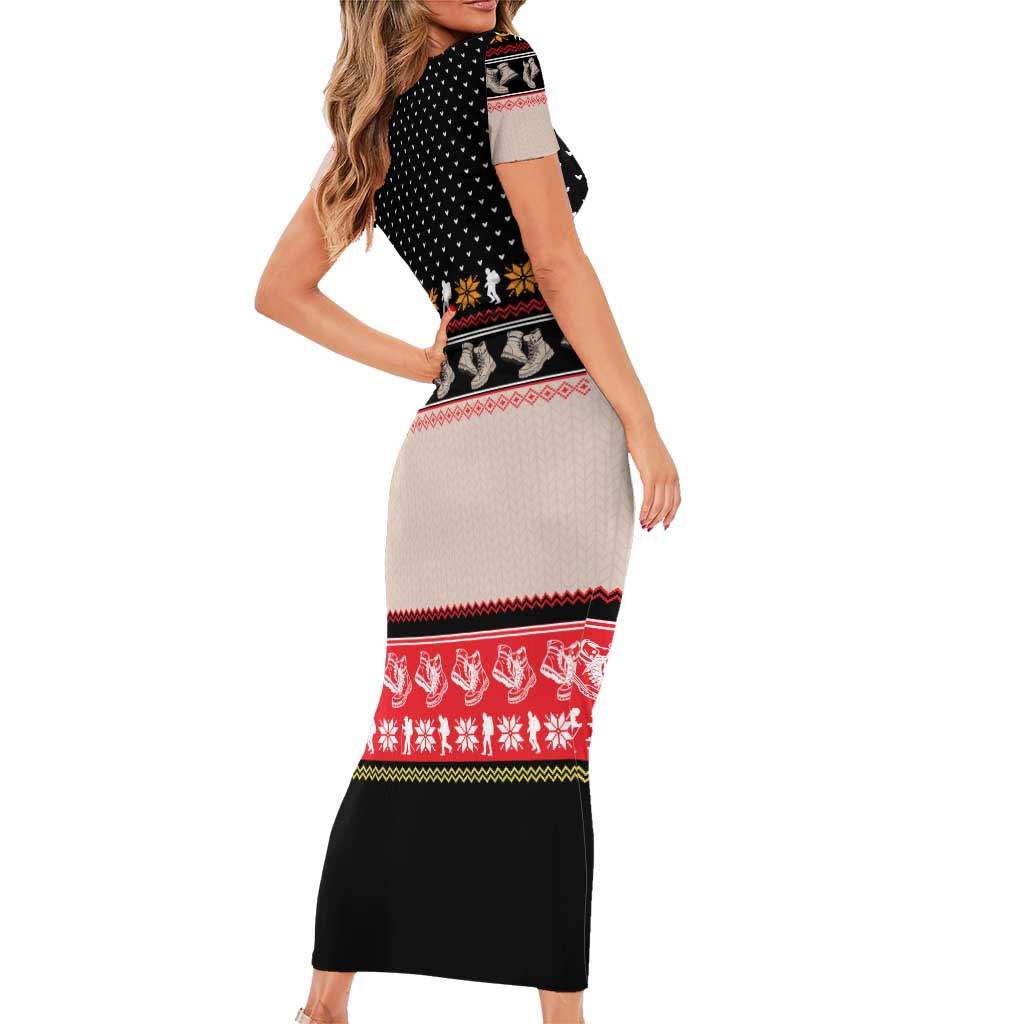 Hiking Christmas Family Matching Short Sleeve Bodycon Dress and Hawaiian Shirt with Mountains Trees and Winter Holiday Pattern - Wonder Print Shop