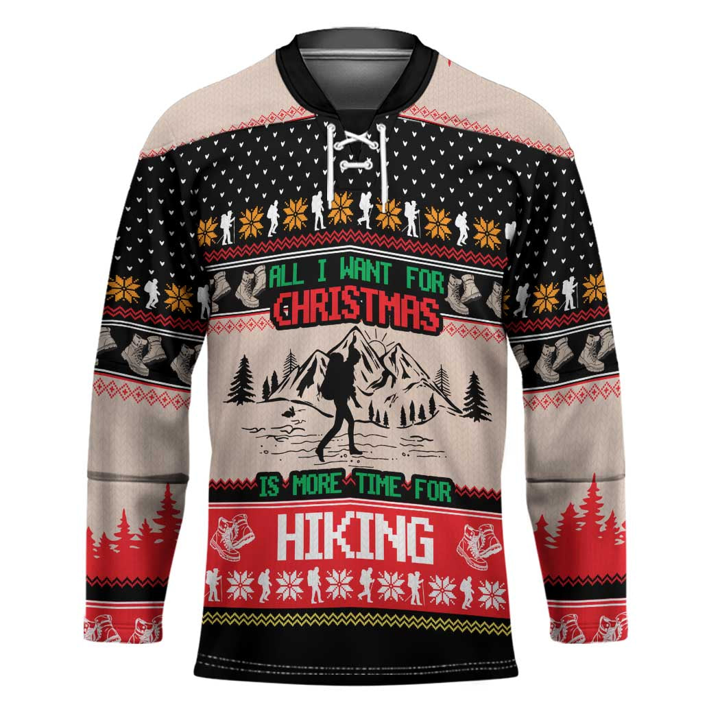 Hiking Christmas Hockey Jersey with Mountains Trees and Winter Holiday Pattern - Wonder Print Shop