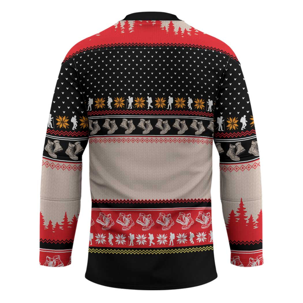 Hiking Christmas Hockey Jersey with Mountains Trees and Winter Holiday Pattern - Wonder Print Shop