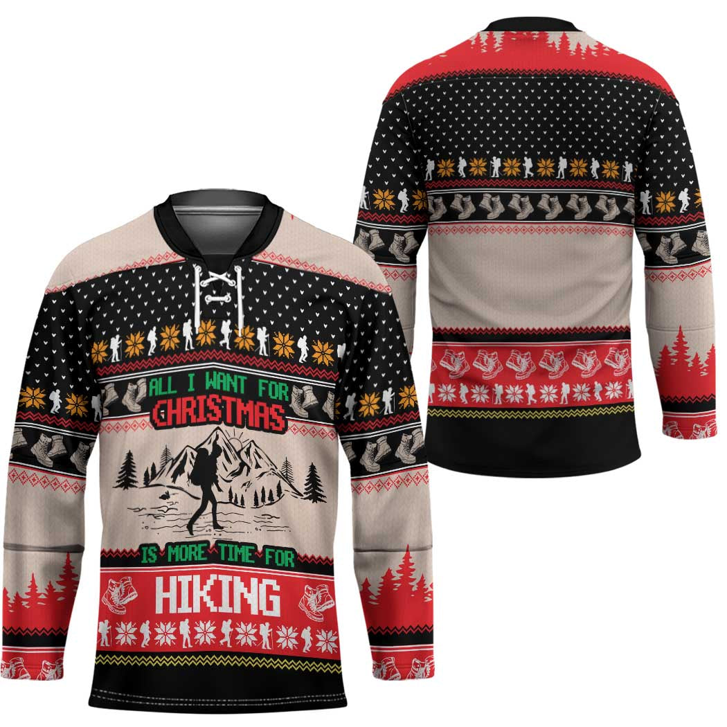 Hiking Christmas Hockey Jersey with Mountains Trees and Winter Holiday Pattern - Wonder Print Shop