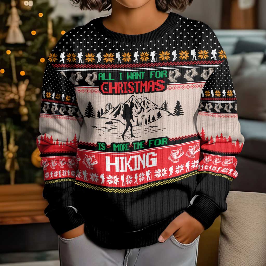 Hiking Christmas Kid Ugly Christmas Sweater with Mountains Trees and Winter Holiday Pattern - Wonder Print Shop
