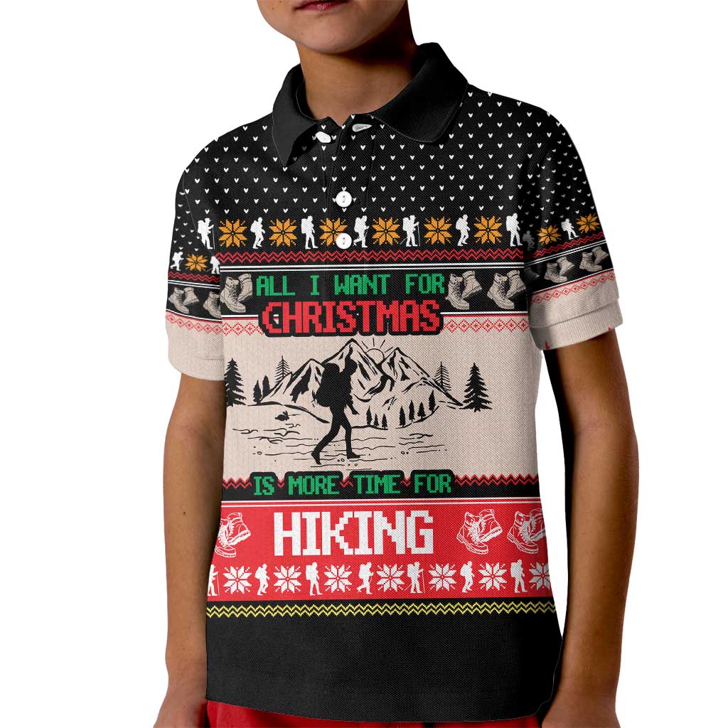 Hiking Christmas Kid Polo Shirt with Mountains Trees and Winter Holiday Pattern - Wonder Print Shop