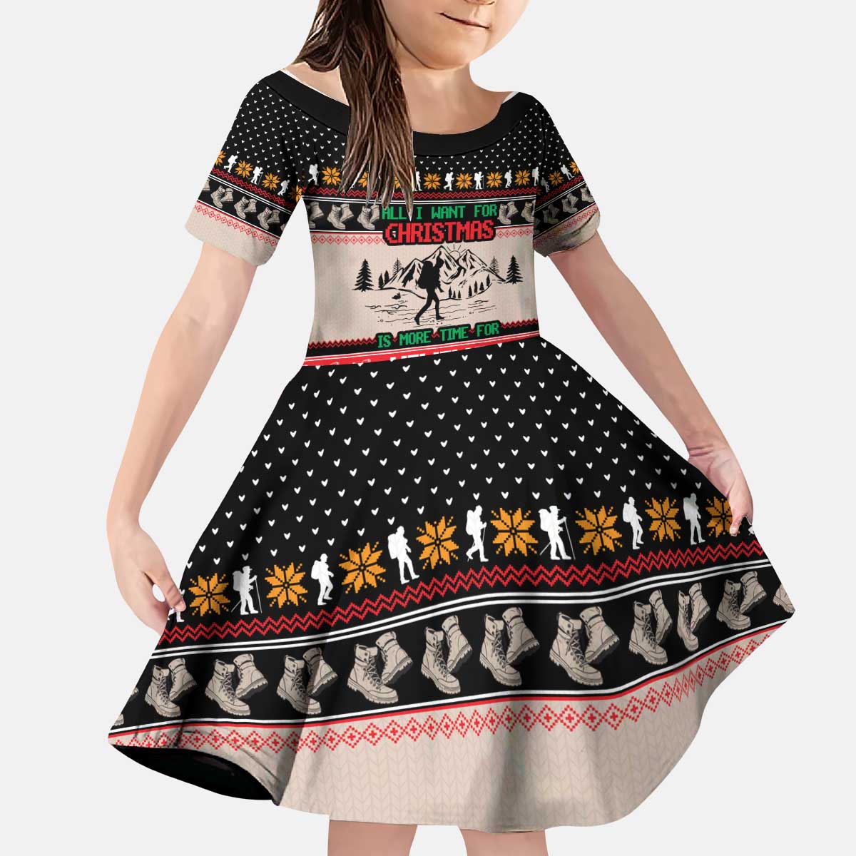 Hiking Christmas Kid Short Sleeve Dress with Mountains Trees and Winter Holiday Pattern - Wonder Print Shop
