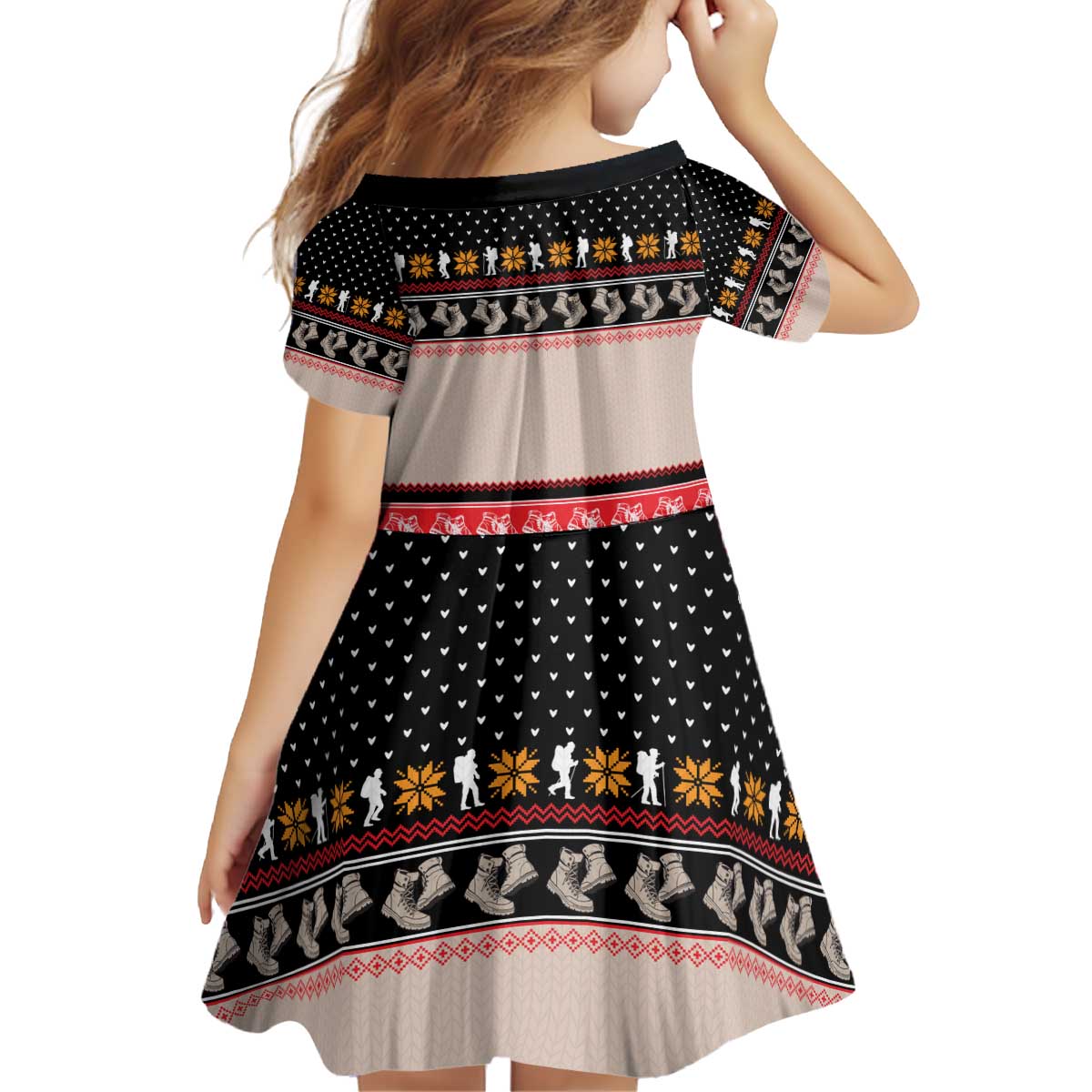 Hiking Christmas Kid Short Sleeve Dress with Mountains Trees and Winter Holiday Pattern - Wonder Print Shop