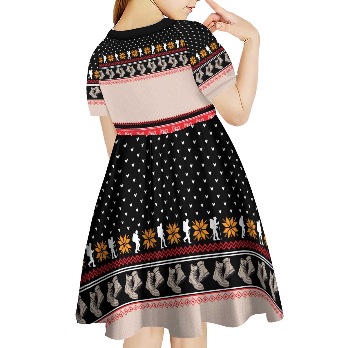 Hiking Christmas Kid Short Sleeve Dress with Mountains Trees and Winter Holiday Pattern - Wonder Print Shop