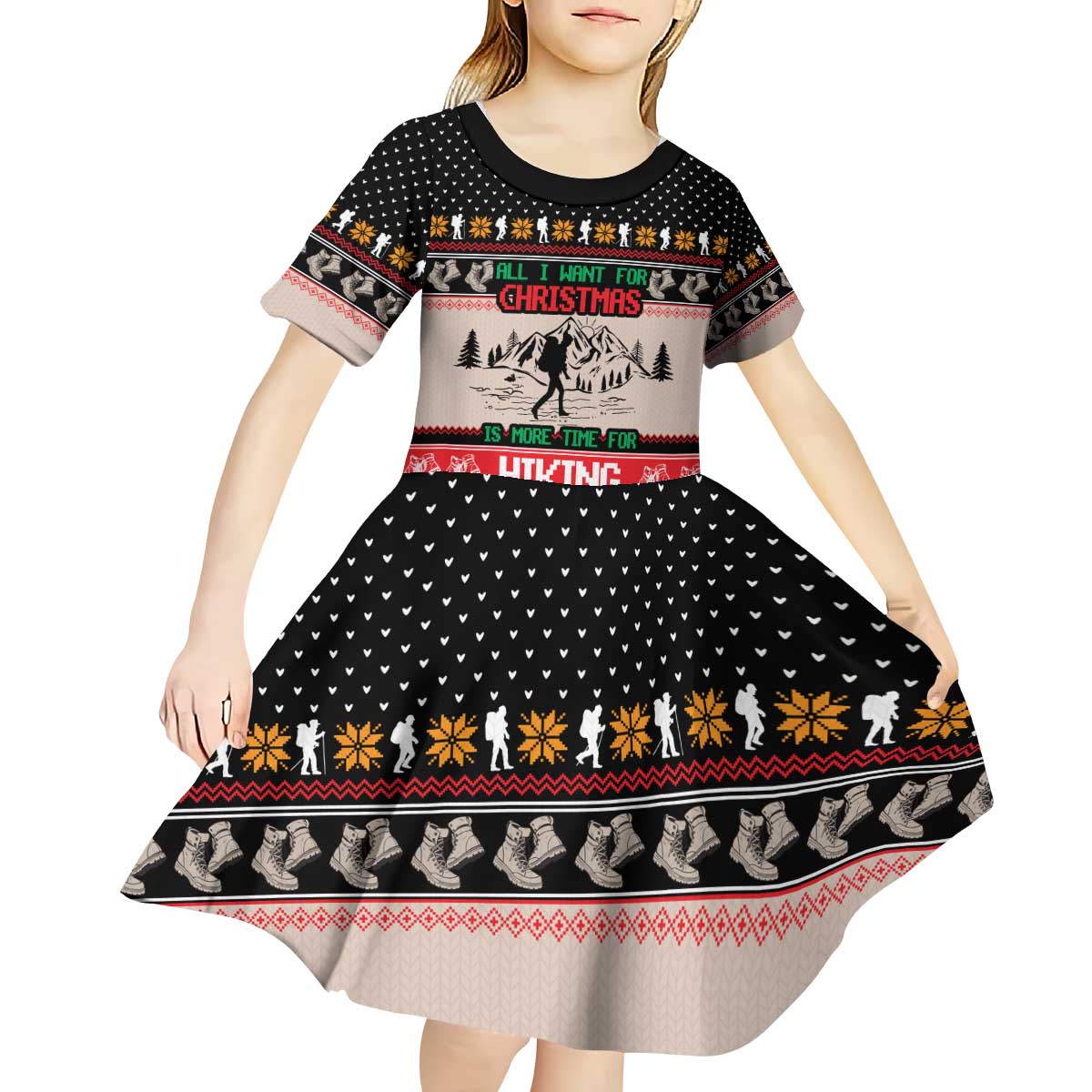 Hiking Christmas Kid Short Sleeve Dress with Mountains Trees and Winter Holiday Pattern - Wonder Print Shop