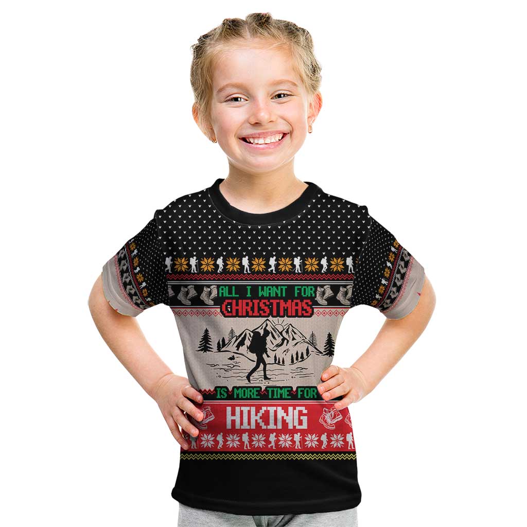 Hiking Christmas Kid T Shirt with Mountains Trees and Winter Holiday Pattern - Wonder Print Shop