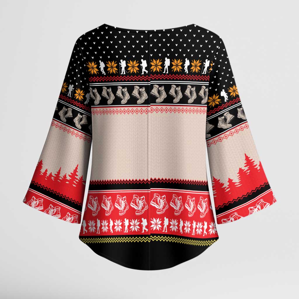 Hiking Christmas Kimono Sleeve Blouse with Mountains Trees and Winter Holiday Pattern - Wonder Print Shop