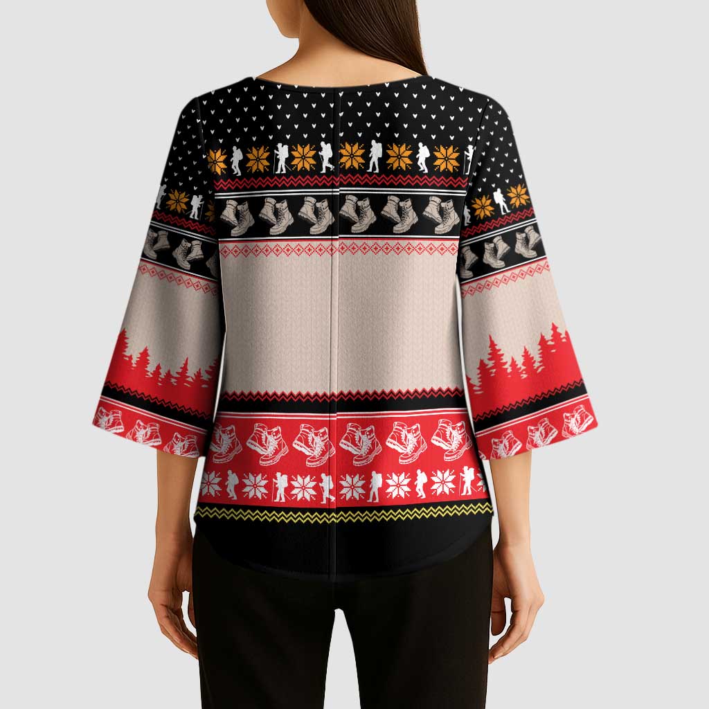 Hiking Christmas Kimono Sleeve Blouse with Mountains Trees and Winter Holiday Pattern - Wonder Print Shop