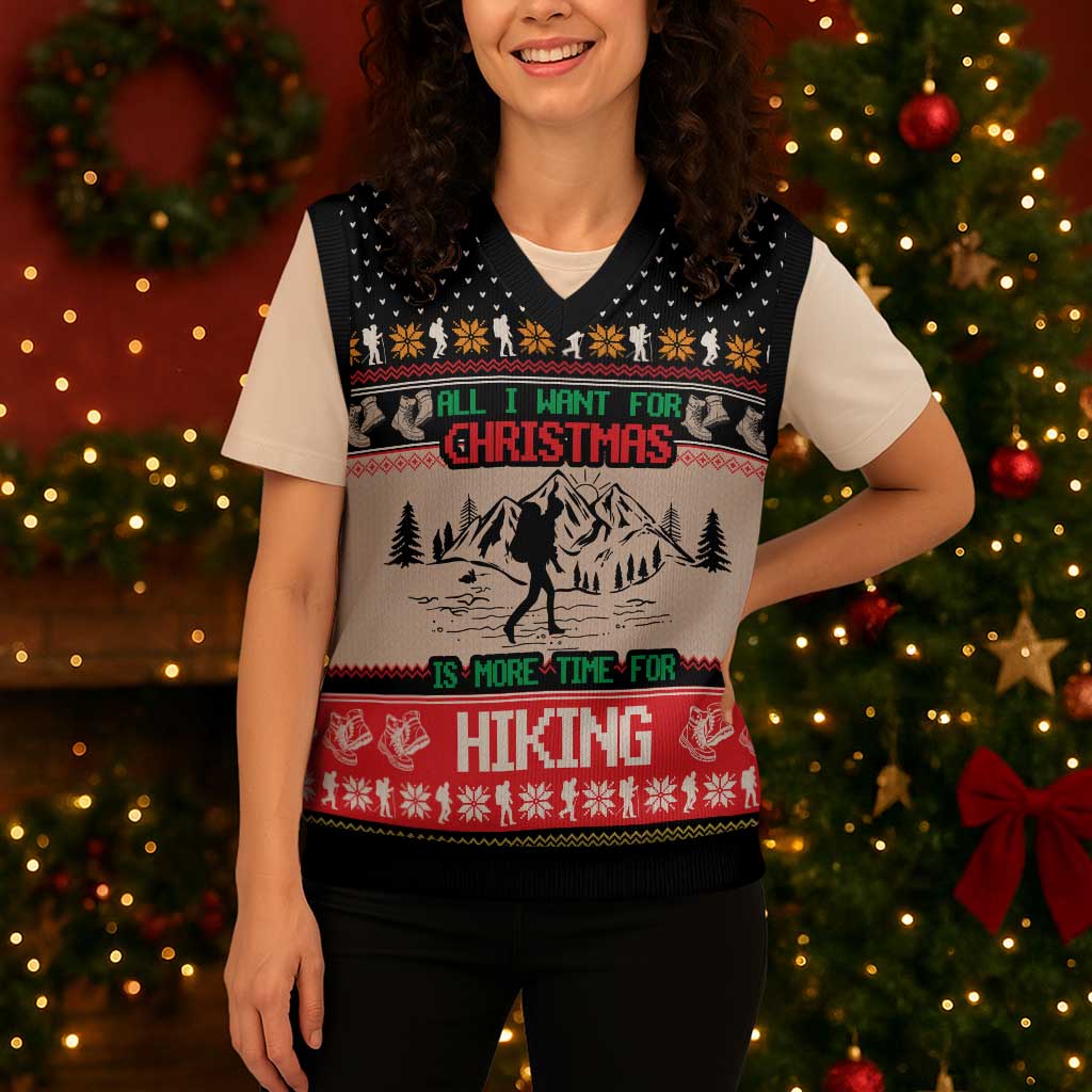 Hiking Christmas Knitted V-Neck Vest with Mountains Trees and Winter Holiday Pattern - Wonder Print Shop