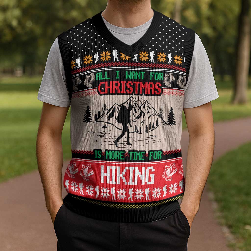 Hiking Christmas Knitted V-Neck Vest with Mountains Trees and Winter Holiday Pattern - Wonder Print Shop