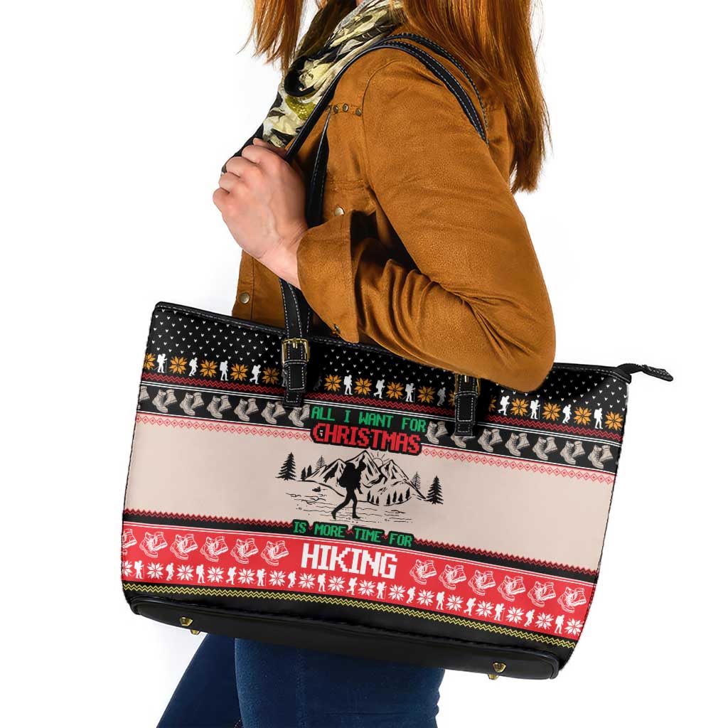 Hiking Christmas Leather Tote Bag with Mountains Trees and Winter Holiday Pattern - Wonder Print Shop