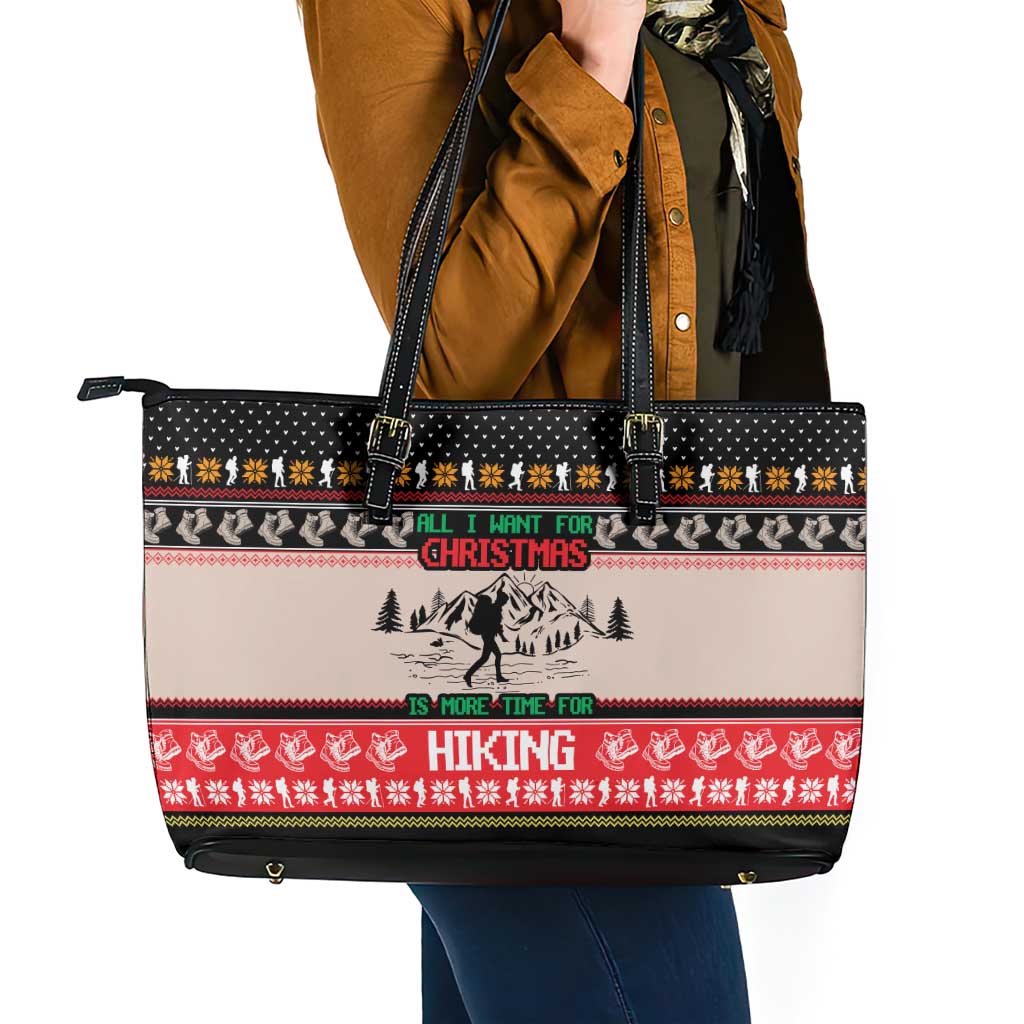 Hiking Christmas Leather Tote Bag with Mountains Trees and Winter Holiday Pattern - Wonder Print Shop