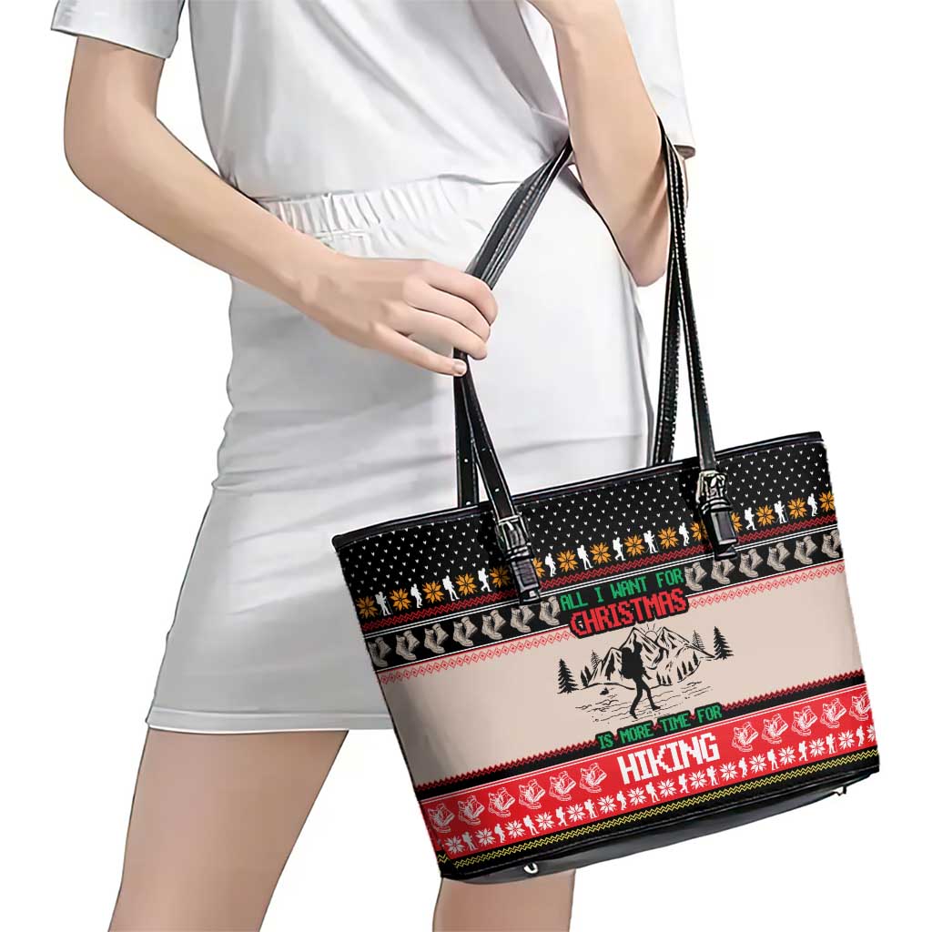 Hiking Christmas Leather Tote Bag with Mountains Trees and Winter Holiday Pattern - Wonder Print Shop