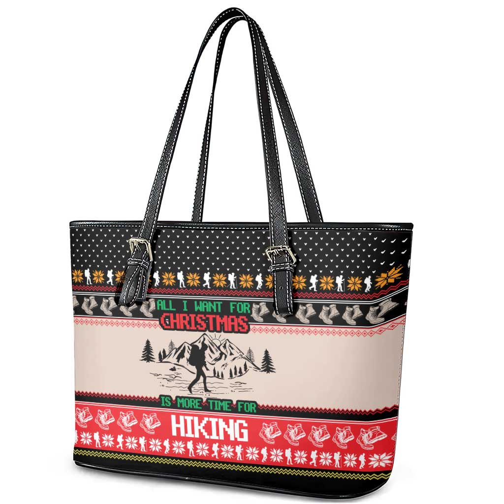Hiking Christmas Leather Tote Bag with Mountains Trees and Winter Holiday Pattern - Wonder Print Shop