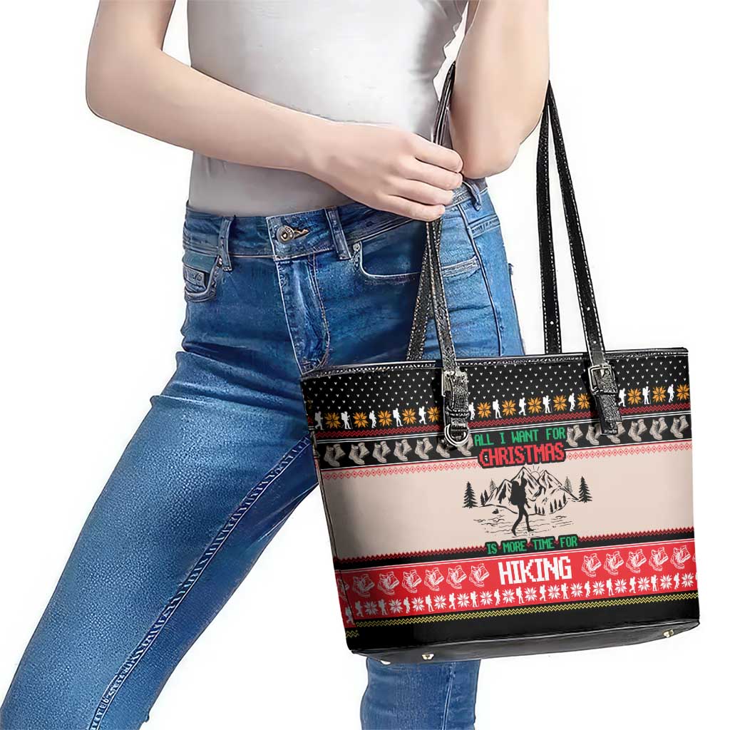 Hiking Christmas Leather Tote Bag with Mountains Trees and Winter Holiday Pattern - Wonder Print Shop