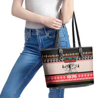 Hiking Christmas Leather Tote Bag with Mountains Trees and Winter Holiday Pattern - Wonder Print Shop