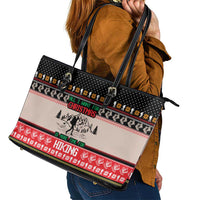 Hiking Christmas Leather Tote Bag with Mountains Trees and Winter Holiday Pattern - Wonder Print Shop