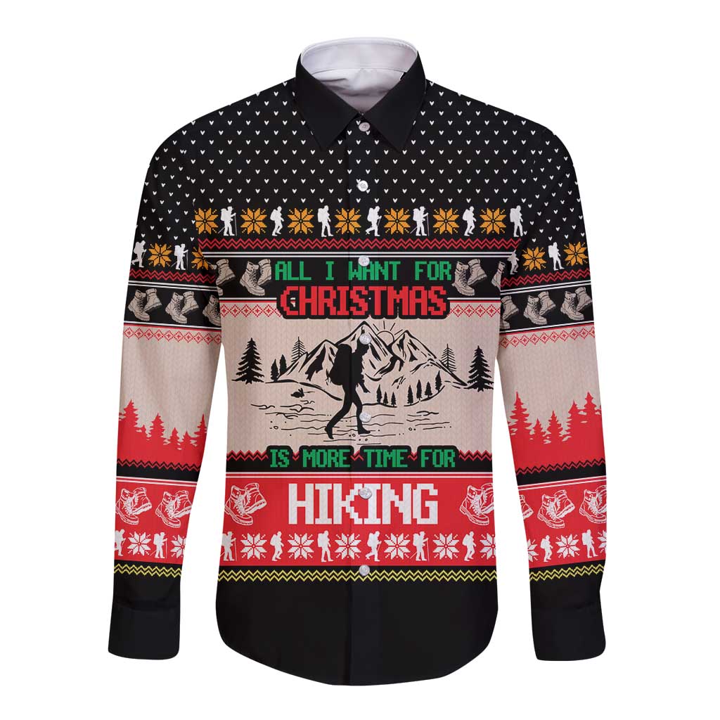 Hiking Christmas Long Sleeve Button Shirt with Mountains Trees and Winter Holiday Pattern - Wonder Print Shop