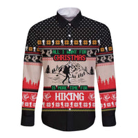 Hiking Christmas Long Sleeve Button Shirt with Mountains Trees and Winter Holiday Pattern - Wonder Print Shop