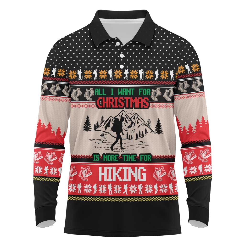 Hiking Christmas Long Sleeve Polo Shirt with Mountains Trees and Winter Holiday Pattern - Wonder Print Shop