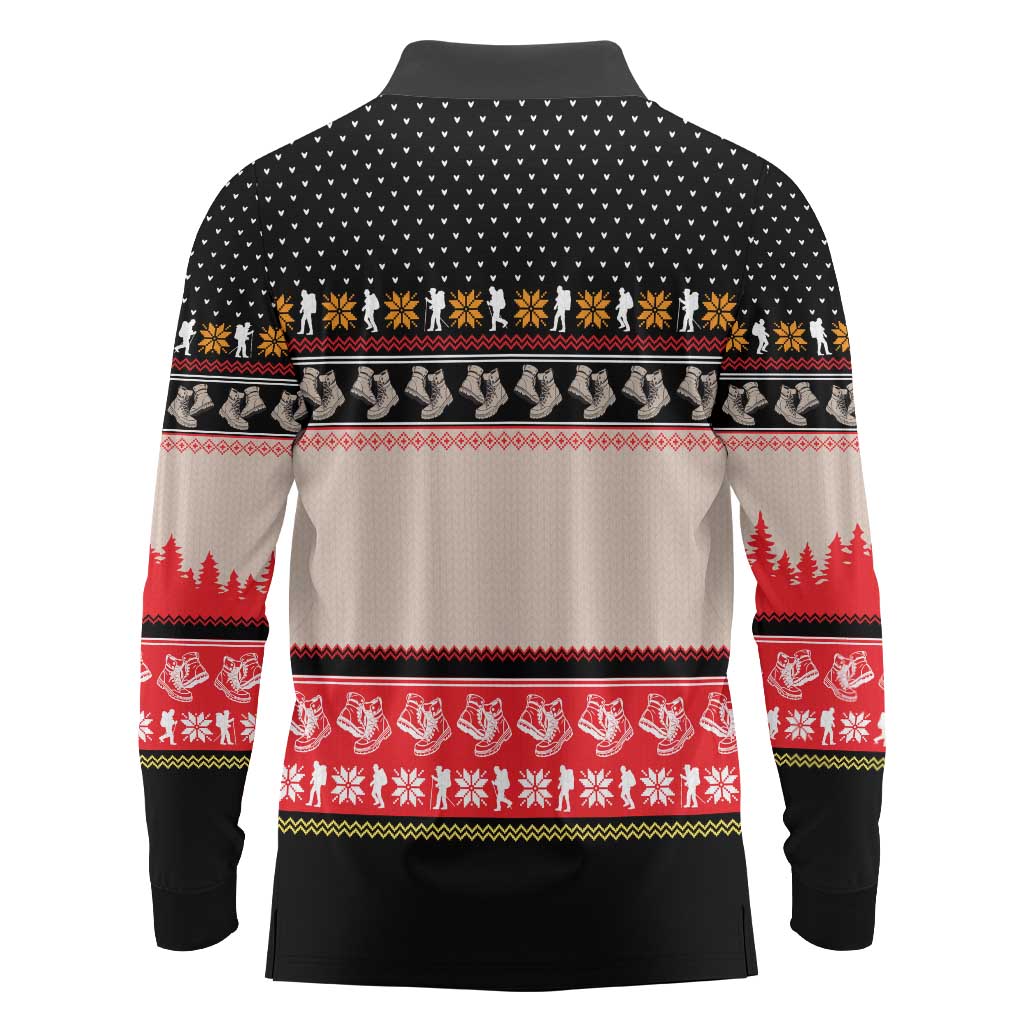 Hiking Christmas Long Sleeve Polo Shirt with Mountains Trees and Winter Holiday Pattern - Wonder Print Shop