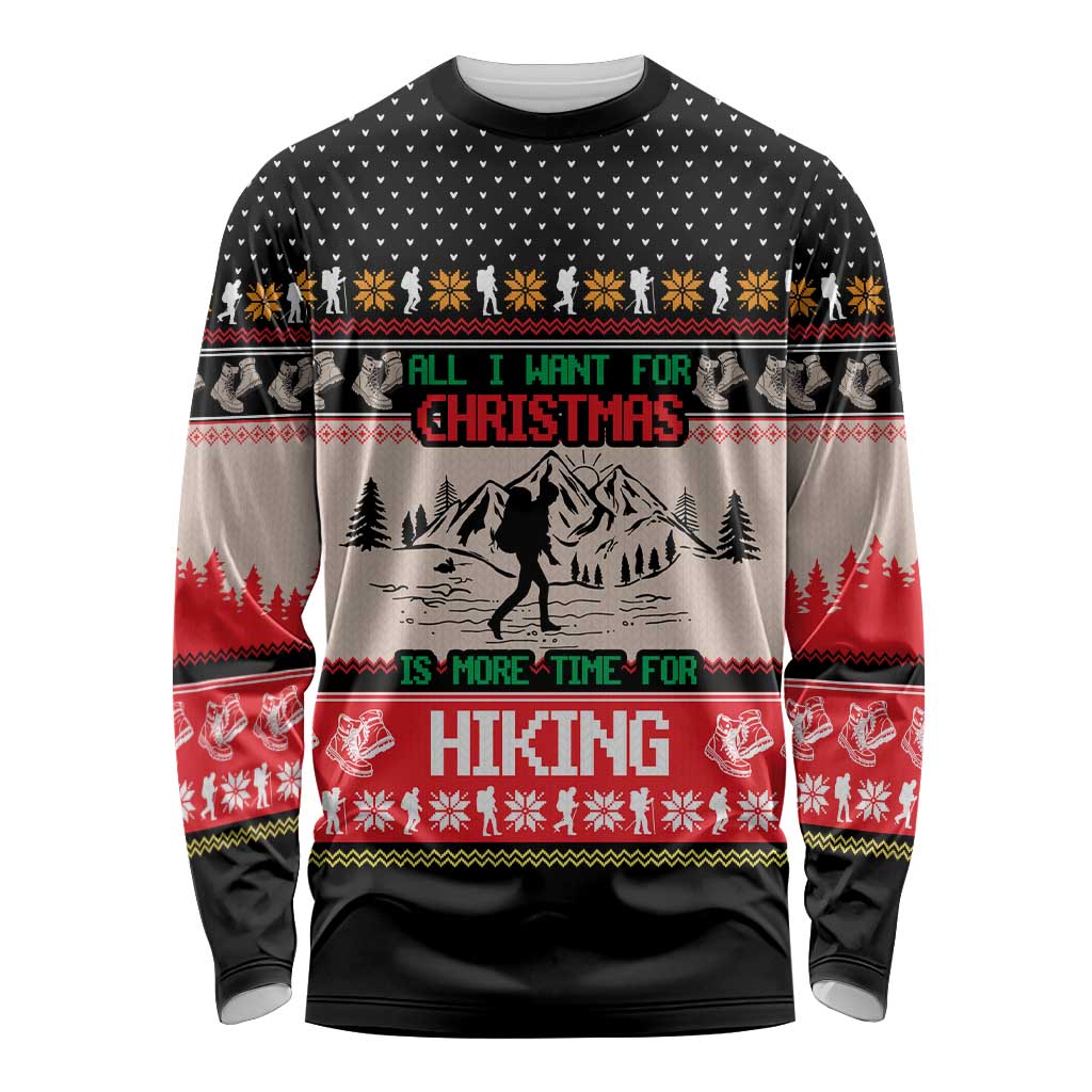 Hiking Christmas Long Sleeve Shirt with Mountains Trees and Winter Holiday Pattern - Wonder Print Shop