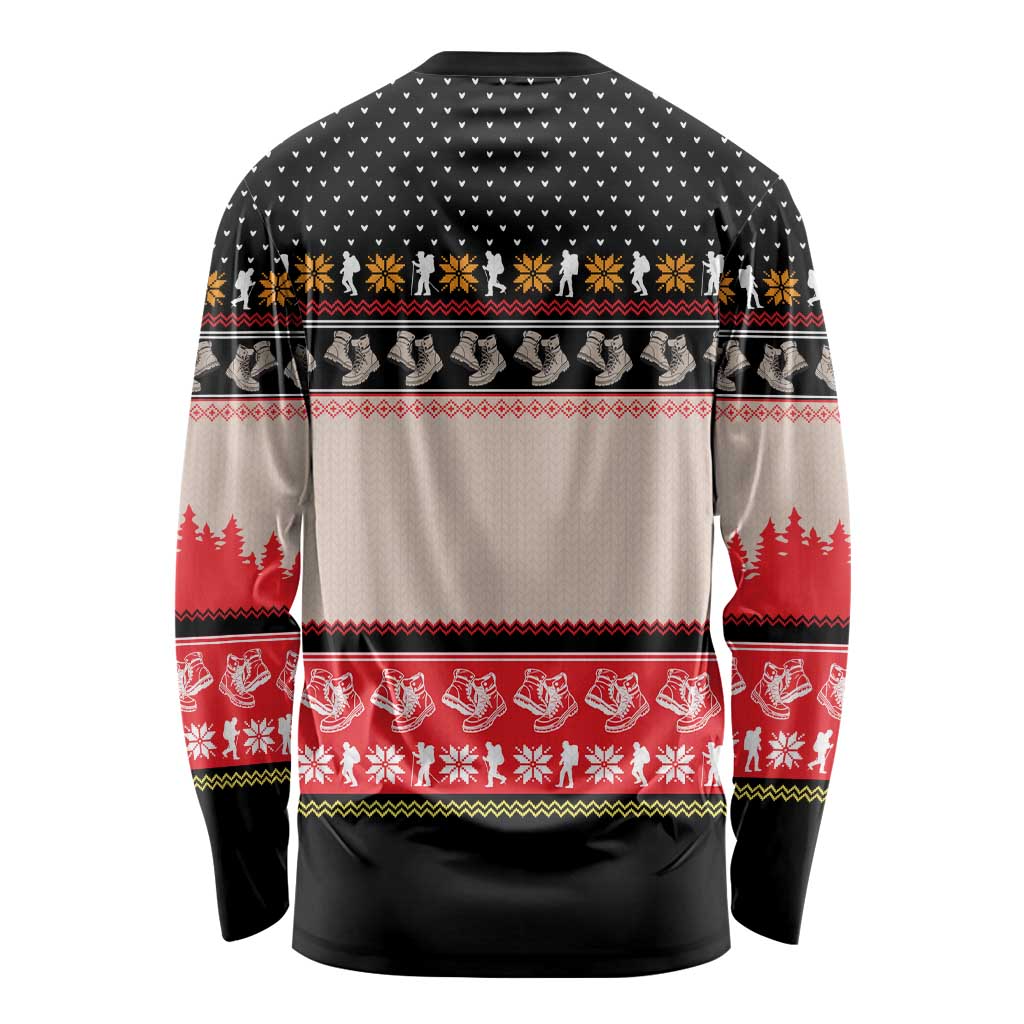 Hiking Christmas Long Sleeve Shirt with Mountains Trees and Winter Holiday Pattern - Wonder Print Shop