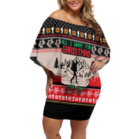 Hiking Christmas Off Shoulder Short Dress with Mountains Trees and Winter Holiday Pattern - Wonder Print Shop