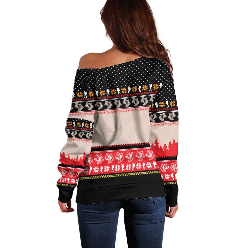 Hiking Christmas Off Shoulder Sweater with Mountains Trees and Winter Holiday Pattern - Wonder Print Shop