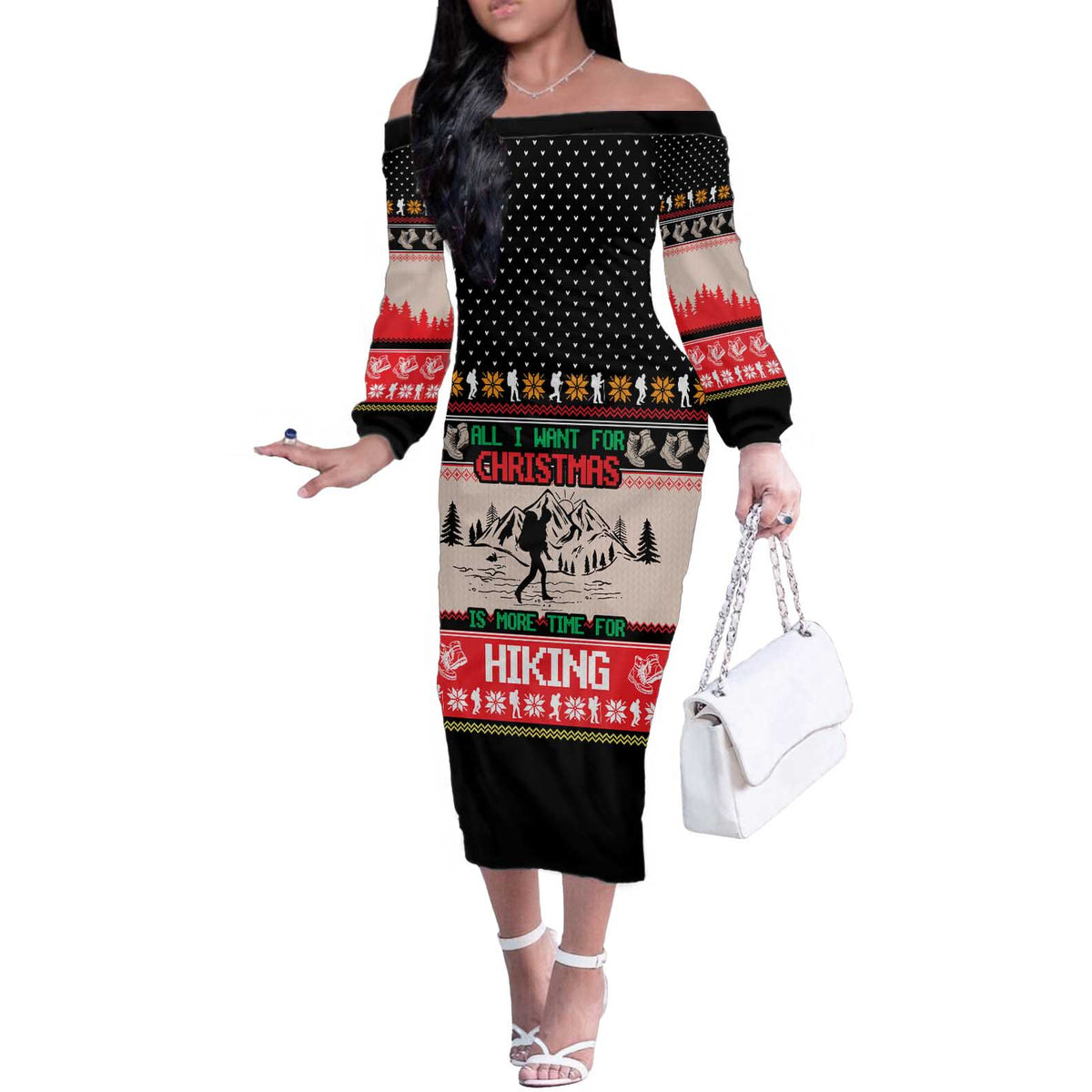 Hiking Christmas Off The Shoulder Long Sleeve Dress with Mountains Trees and Winter Holiday Pattern - Wonder Print Shop