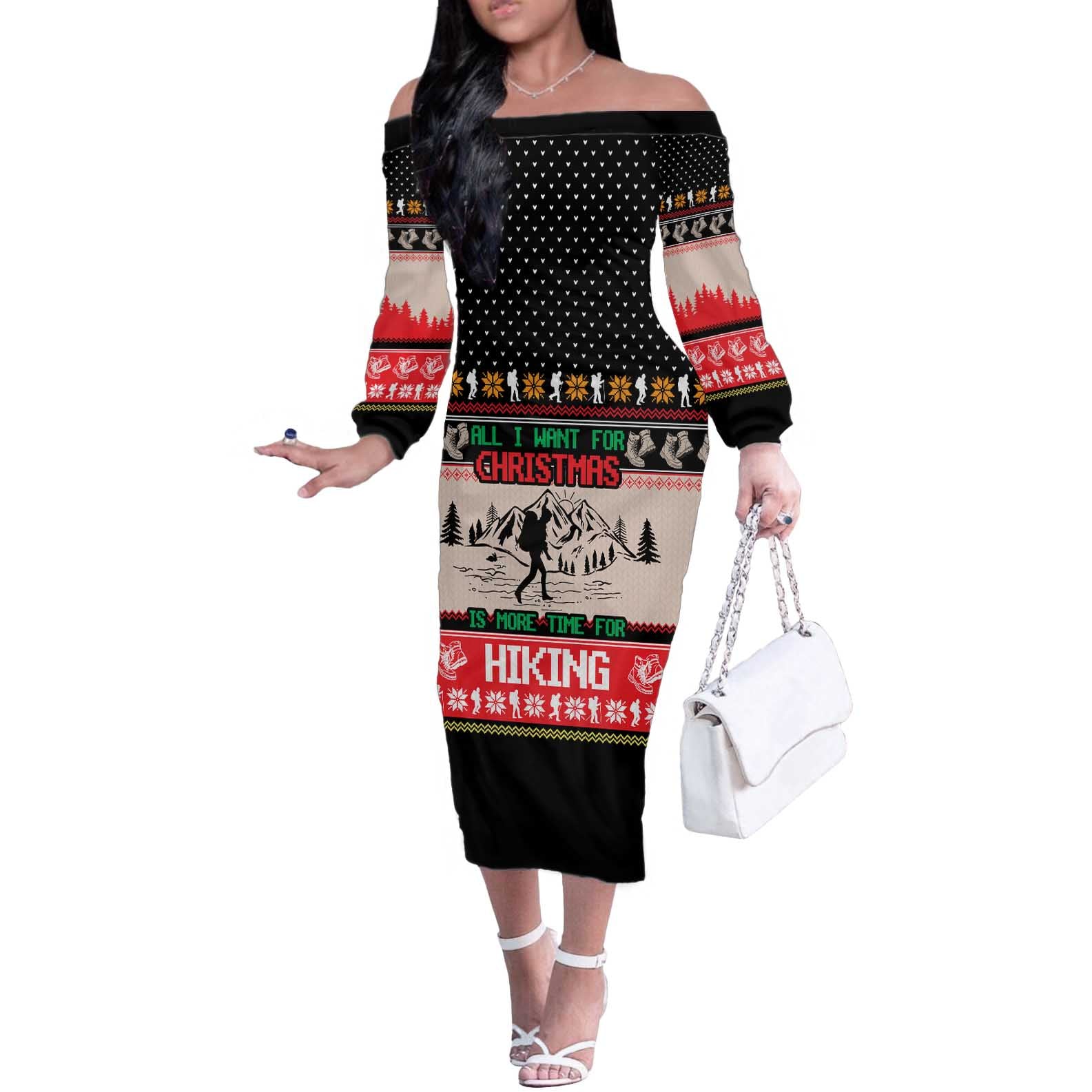 Hiking Christmas Off The Shoulder Long Sleeve Dress with Mountains Trees and Winter Holiday Pattern - Wonder Print Shop