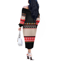 Hiking Christmas Off The Shoulder Long Sleeve Dress with Mountains Trees and Winter Holiday Pattern - Wonder Print Shop