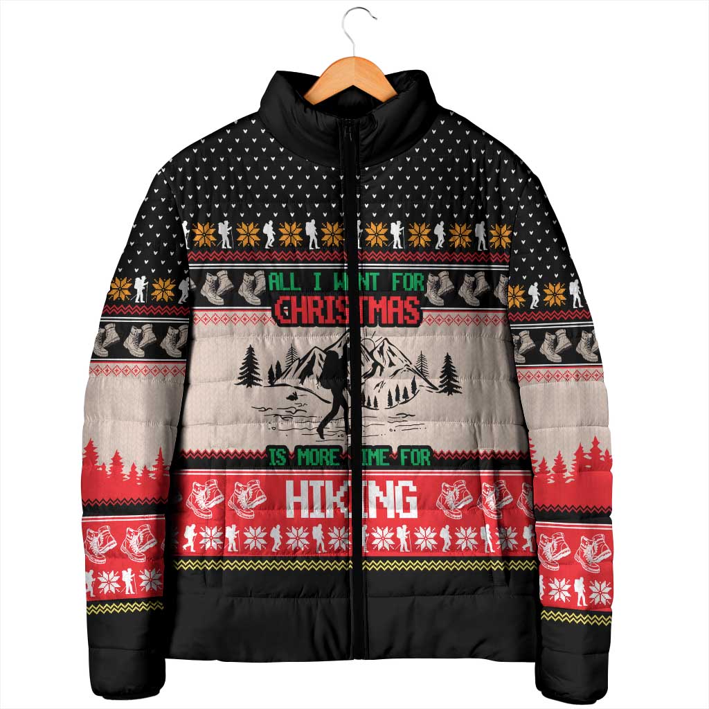 Hiking Christmas Padded Jacket with Mountains Trees and Winter Holiday Pattern - Wonder Print Shop