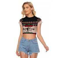 Hiking Christmas Raglan Cropped T Shirt with Mountains Trees and Winter Holiday Pattern - Wonder Print Shop