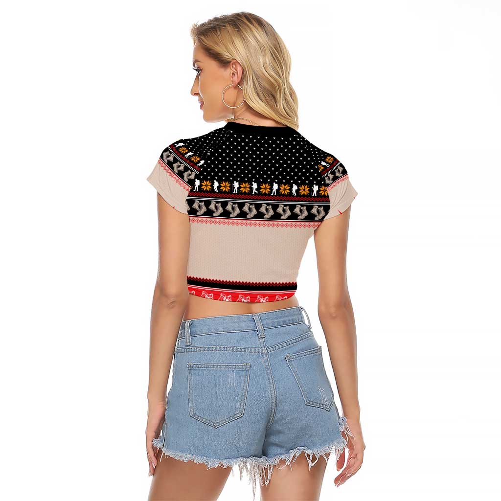 Hiking Christmas Raglan Cropped T Shirt with Mountains Trees and Winter Holiday Pattern - Wonder Print Shop