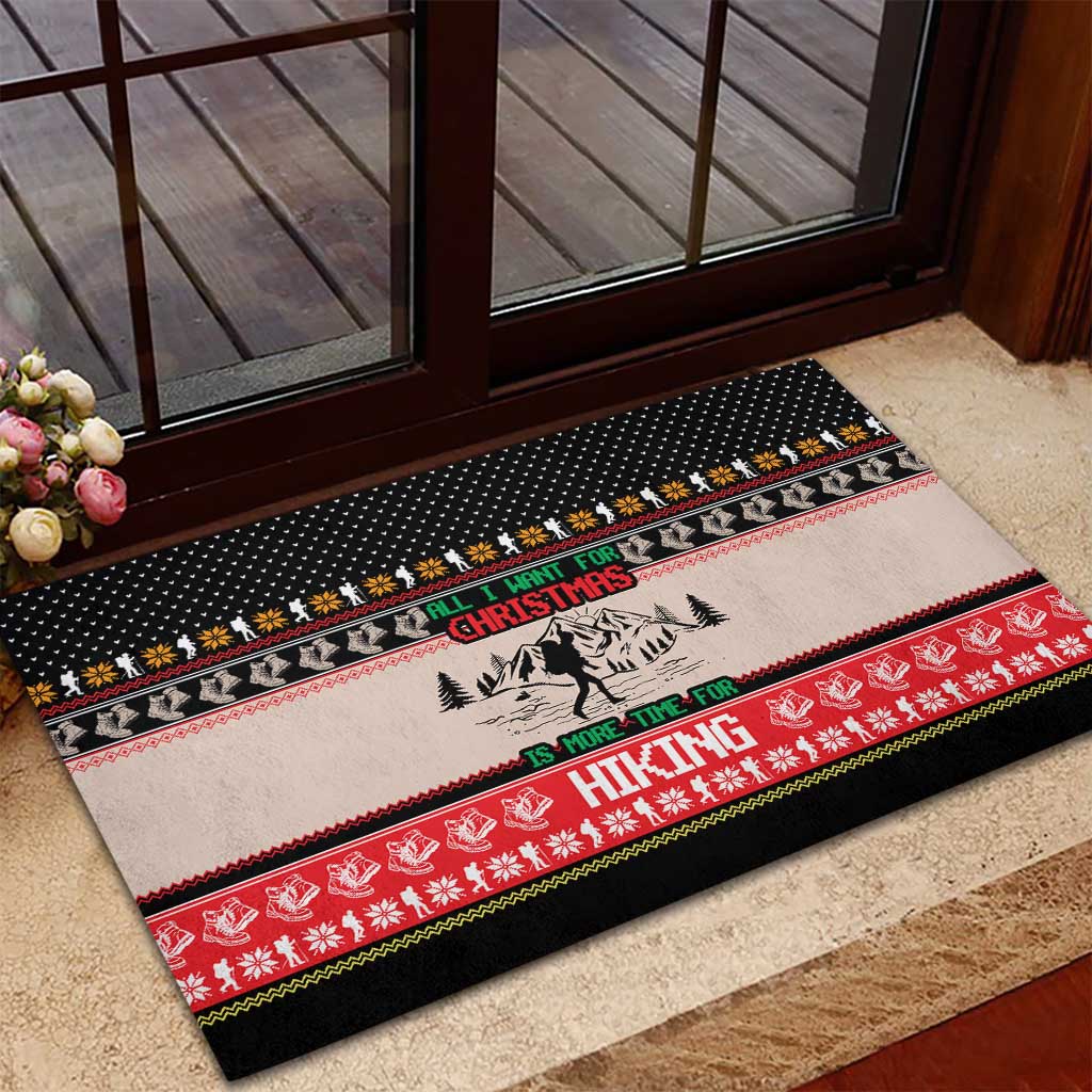 Hiking Christmas Rubber Doormat with Mountains Trees and Winter Holiday Pattern - Wonder Print Shop
