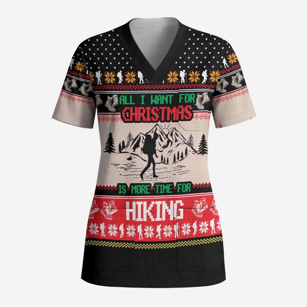 Hiking Christmas Scrub Top with Mountains Trees and Winter Holiday Pattern - Wonder Print Shop