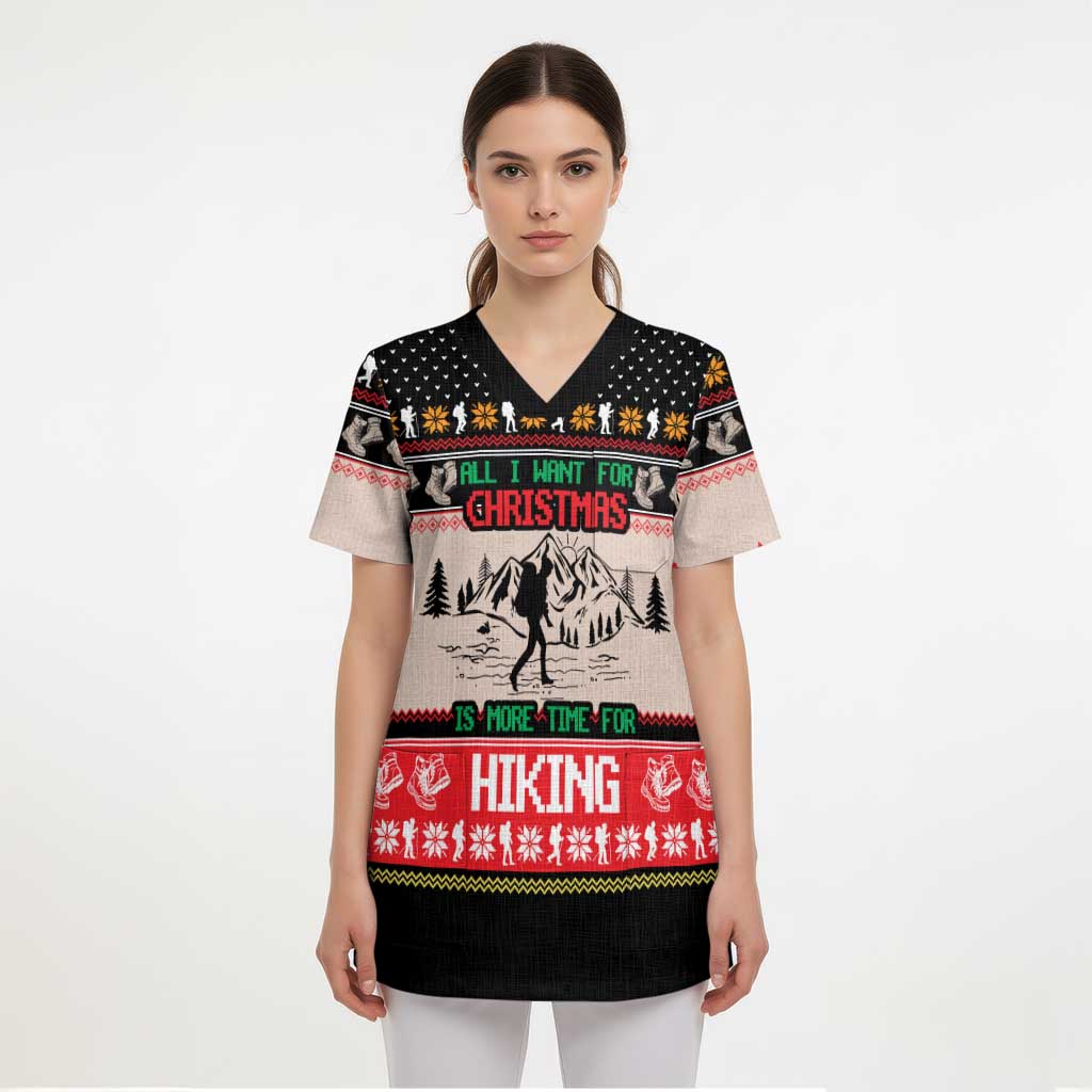 Hiking Christmas Scrub Top with Mountains Trees and Winter Holiday Pattern - Wonder Print Shop