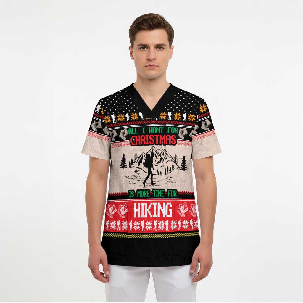 Hiking Christmas Scrub Top with Mountains Trees and Winter Holiday Pattern - Wonder Print Shop