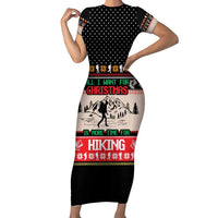 Hiking Christmas Short Sleeve Bodycon Dress with Mountains Trees and Winter Holiday Pattern - Wonder Print Shop