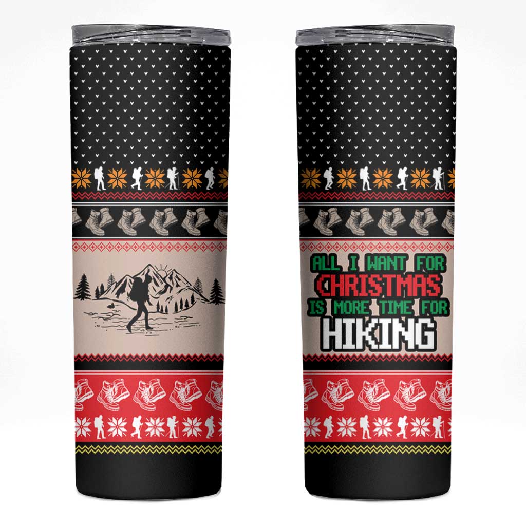 Hiking Christmas Skinny Tumbler with Mountains Trees and Winter Holiday Pattern - Wonder Print Shop