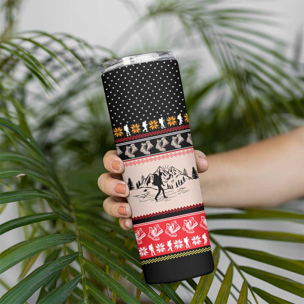 Hiking Christmas Skinny Tumbler with Mountains Trees and Winter Holiday Pattern - Wonder Print Shop