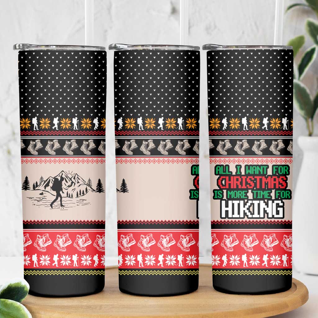 Hiking Christmas Skinny Tumbler with Mountains Trees and Winter Holiday Pattern - Wonder Print Shop