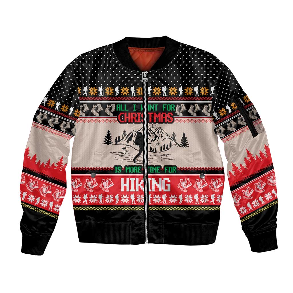 Hiking Christmas Sleeve Zip Bomber Jacket with Mountains Trees and Winter Holiday Pattern - Wonder Print Shop