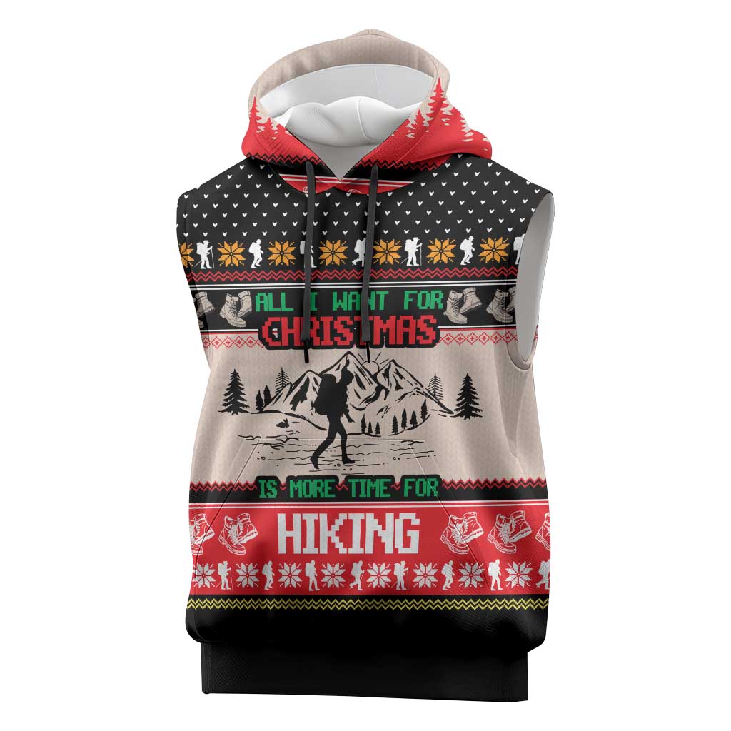 Hiking Christmas Sleeveless Hoodie with Mountains Trees and Winter Holiday Pattern - Wonder Print Shop