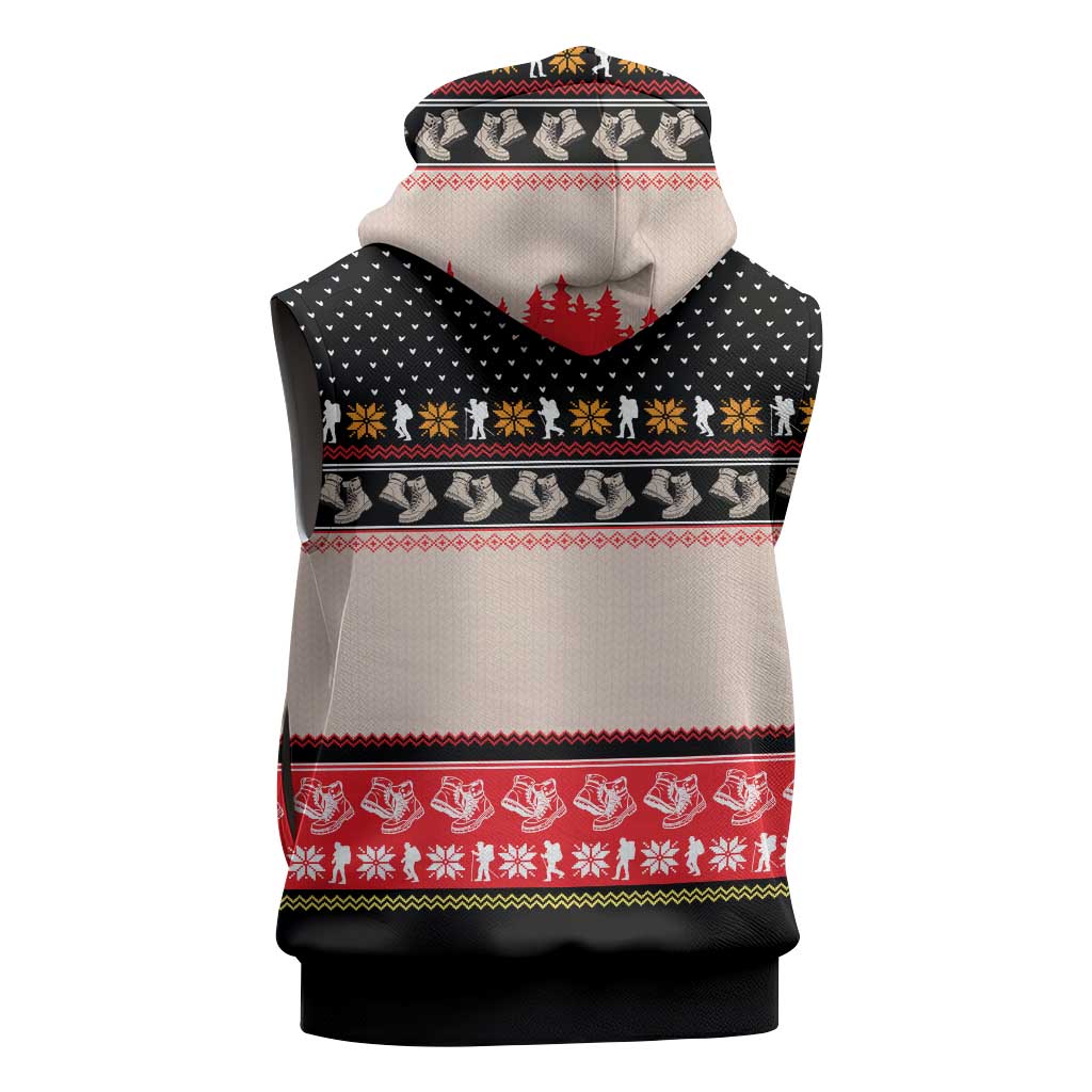 Hiking Christmas Sleeveless Hoodie with Mountains Trees and Winter Holiday Pattern - Wonder Print Shop